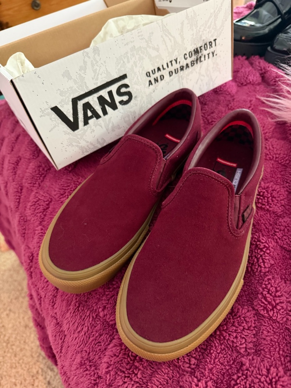 Unisex Vans Slip-On Loafers in Burgundy with Gum Sole